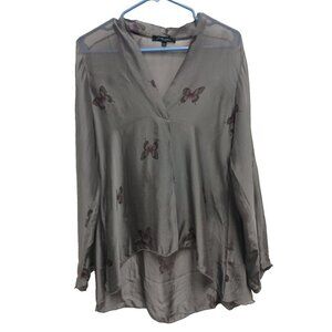 Faith + Zoe Womens Butterfly Print Silk Blend Top Small Gray Sheer Hi Low Blouse
